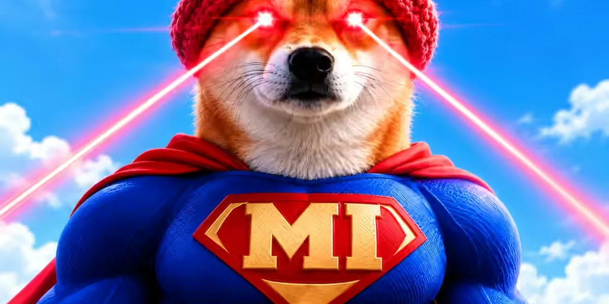 Meme Inu banner: laser eyes, red knitted hat and the gold MI shield on a blue superhero suit