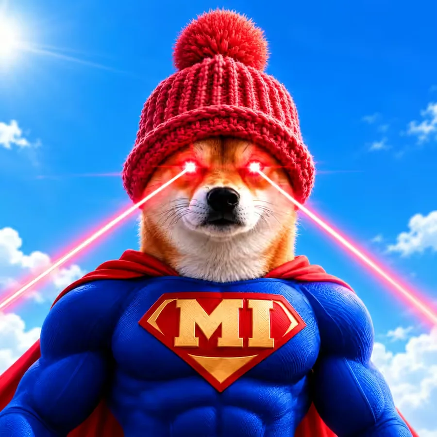 Meme Inu: a Shiba Inu superhero with a red knitted hat, glowing laser eyes, blue suit, red cape and the MI emblem